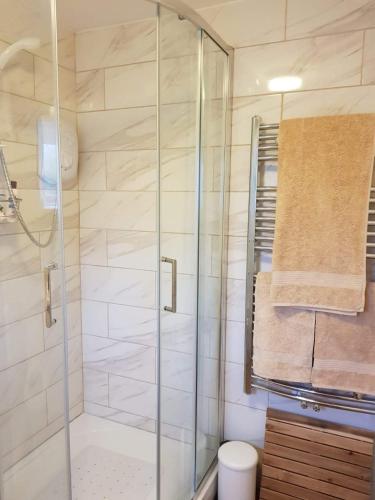 a bathroom with a shower with a glass shower stall at 3 Lymbrook Cottage in Lyme Regis
