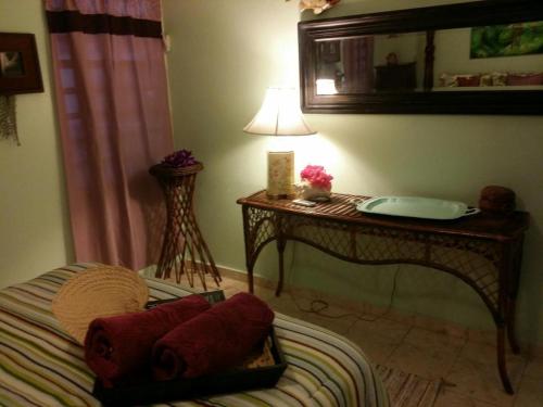 a bedroom with a bed with a table and a mirror at Casa Bonita Inn in La Parguera