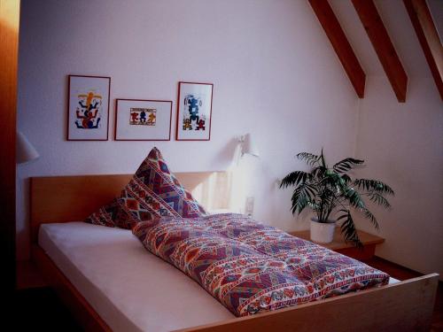 Bett mit Kissen und Pflanze in einem Zimmer in der Unterkunft Fritz'es Goldener Stern in Schauenburg