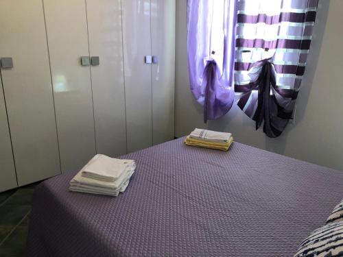 アルカモ・マリーナにあるvilla per sole mare e relaxのベッドルーム1室(紫色のベッド1台、タオル付)