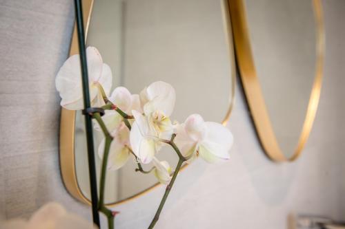 a vase with white flowers in front of a mirror at Couvent de la Salette & Spa in Millau