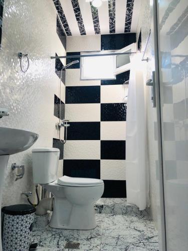 a bathroom with a toilet and a black and white striped wall at Guesthouse Family in Batumi