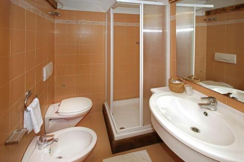 ein Bad mit einem WC, einem Waschbecken und einer Dusche in der Unterkunft Restaurant Hotel Chalet Del Sole in Sauze dʼOulx