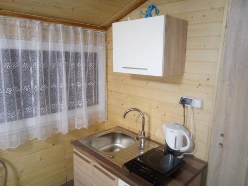 eine kleine Küche mit einer Spüle und einem Mixer in der Unterkunft Chata pod Dębem in Ryczów