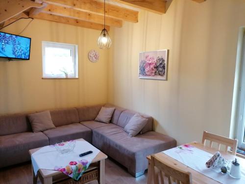 a living room with a couch and a table at Domki pod Derkaczem in Wünschelburg