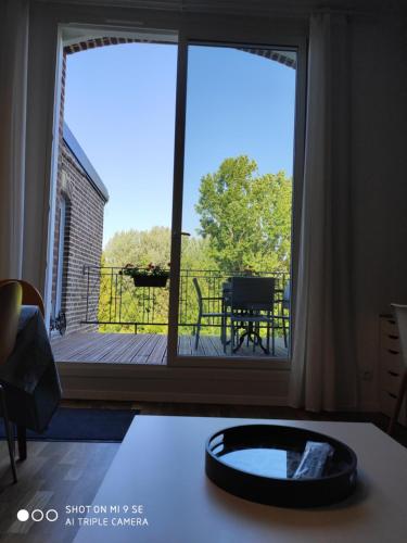 a room with a large window with a view of a deck at HORTILLON in Amiens