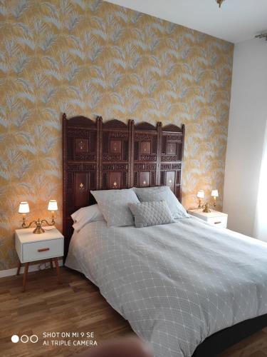 a bedroom with a large bed with a patterned wall at HORTILLON in Amiens