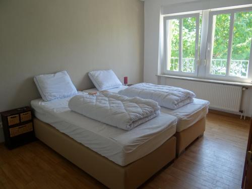2 Einzelbetten in einem Zimmer mit 2 Fenstern in der Unterkunft Haus Moezelblik in Zell an der Mosel