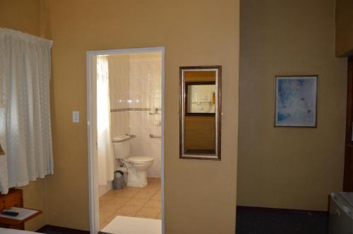 a bathroom with a toilet and a mirror at Ascot Inn in Pietermaritzburg