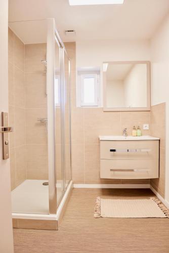 une salle de bain avec douche et lavabo dans l'établissement Le Rayon de Soleil - appartement 2 chambres 90m2, à Saint-Brieuc