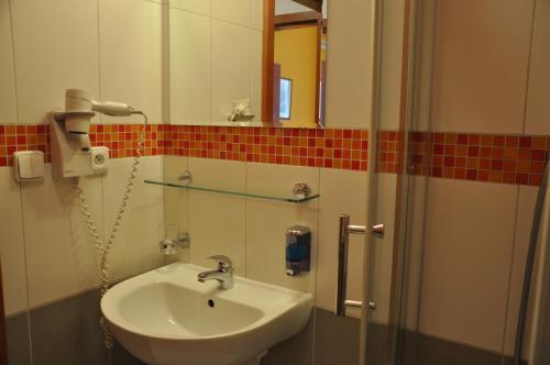 a bathroom with a sink and a shower with a mirror at City Central De Luxe in Prague