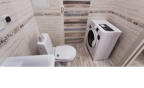 ein Badezimmer mit einer Waschmaschine neben einem WC in der Unterkunft Уютная квартира в центре города с современным дизайном in Qostanai
