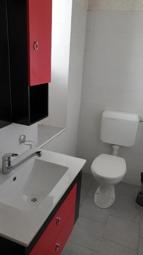 a bathroom with a white sink and a toilet at Guesthouse Osvald in Žirovnica