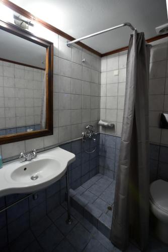 a bathroom with a sink and a shower and a toilet at Olive Press Hotel in Mithymna