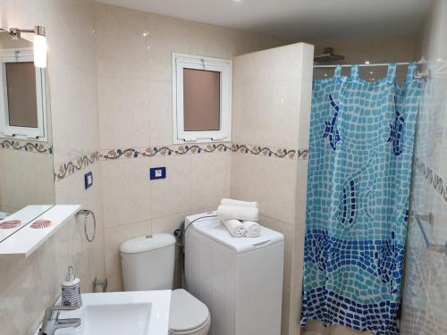 een badkamer met een toilet, een douche en een wastafel bij Casa Azul only 200 meters to the beach, free wifi, balcony in Arona