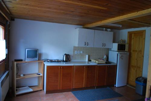 W kuchni znajduje się biała lodówka i kuchenka mikrofalowa. w obiekcie Chata Brestová,Zuberec w Zuberzcu