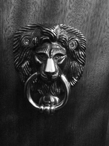 a metal door knocker with a lion head on it at THE LION'S DEN ON ROYAL STREET in Gourock