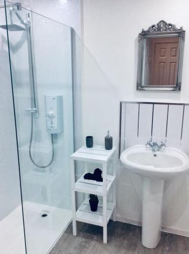 a white bathroom with a sink and a shower at THE LION'S DEN ON ROYAL STREET in Gourock