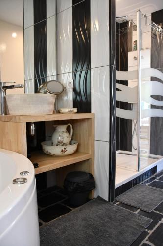 a bathroom with a sink and a toilet and a mirror at Les Floralies in Pau