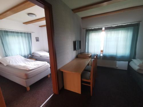 a hotel room with a bed and a desk and a bedroom at Pod Orlicą in Zieleniec