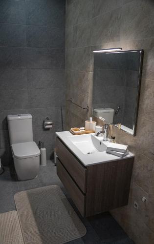 a bathroom with a sink and a toilet and a mirror at Couple's Getaway in Is-Swieqi