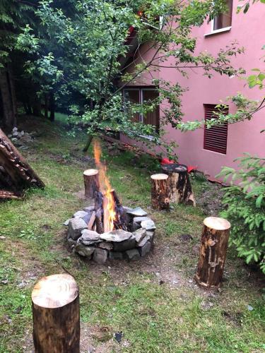 a fire pit in front of a pink house at Vila Carla Elena Ranca in Ranca