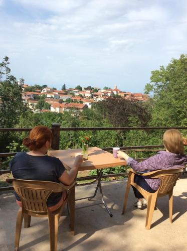 two women sitting at a table on a balcony at GUEST HOUSE DAVID in Sighnaghi