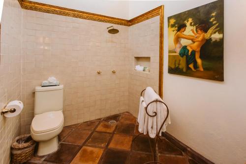 a bathroom with a toilet and a painting on the wall at Hacienda San Angel in Puerto Vallarta