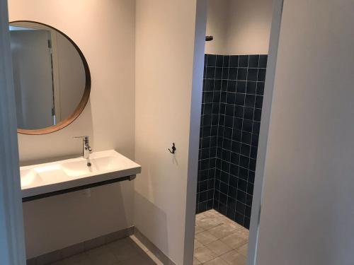 a bathroom with a sink and a mirror and a shower at Guesthouse de Bovenboer in Nijeveen