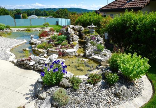 a garden with a pond with flowers and rocks at Bed and Breakfast La Petite Thielle in Cressier
