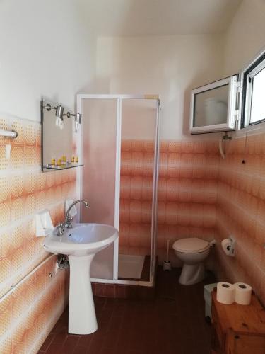 a bathroom with a shower and a sink and a toilet at Zontanos Studios & Apartments in Poros