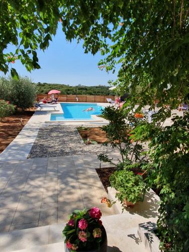a view of a swimming pool with flowers in a yard at Apartments Borghetto in Vinkuran