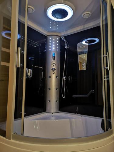 a bathroom with a shower and a tub with a shower at Willa Seba in Zakopane