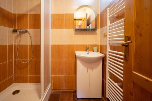 a bathroom with a sink and a shower at Chata Magurka in Partizánska ľupča