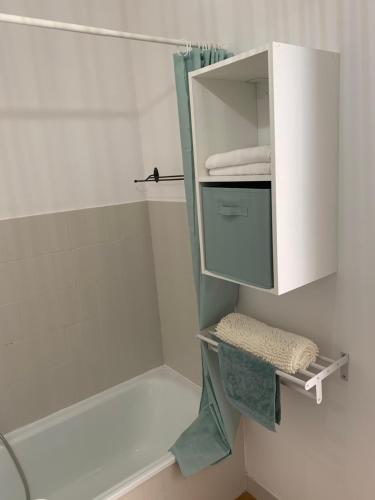 une salle de bain avec une douche avec un lavabo et des toilettes dans l'établissement Très beau studio à 100m de la plage de Marinella, à Ajaccio