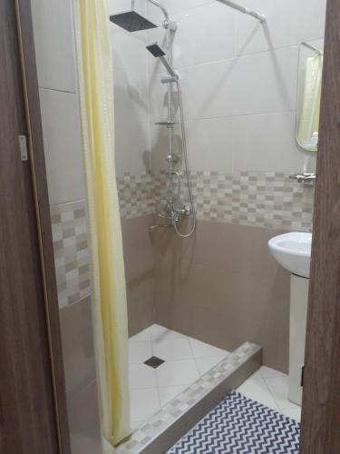 a small bathroom with a shower and a sink at Apartments on Akhalubani St 2 in Tbilisi City