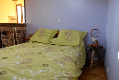 een bed met een groen dekbed en 2 kussens bij Gîte fermier de Saint-Lizier in Saint-Lizier