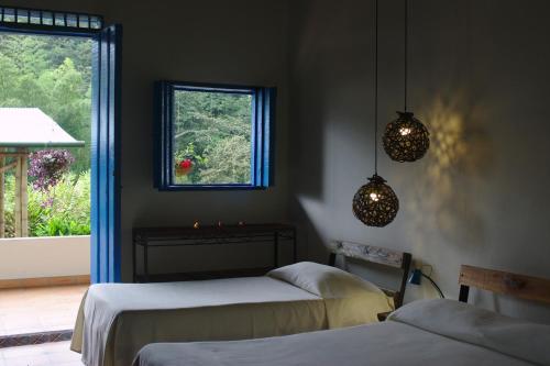 a bedroom with two beds and a window and lights at Soñarte Reserva Natural in Córdoba