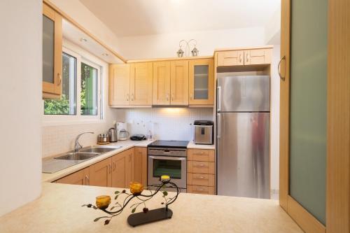 a kitchen with wooden cabinets and a stainless steel refrigerator at Anna's Apartment near Agia Efimia & Myrtos beach in Pilaroú