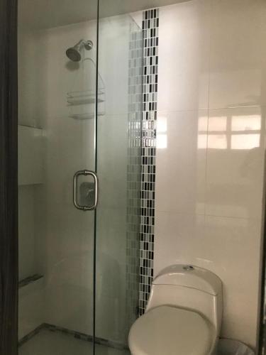 uma casa de banho com um WC e uma cabina de duche em vidro. em EDIFICIO PALANOA APTO 507PQ RODADERO em Santa Marta