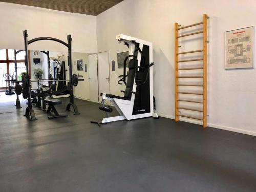 a gym with treadmills and machines in a room at Rancho Laaxdeluxe in Laax