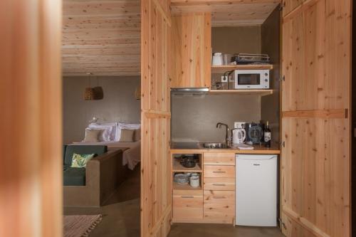 a small kitchen with a refrigerator and a microwave at Santa Barbara Eco-Beach Resort in Ribeira Grande