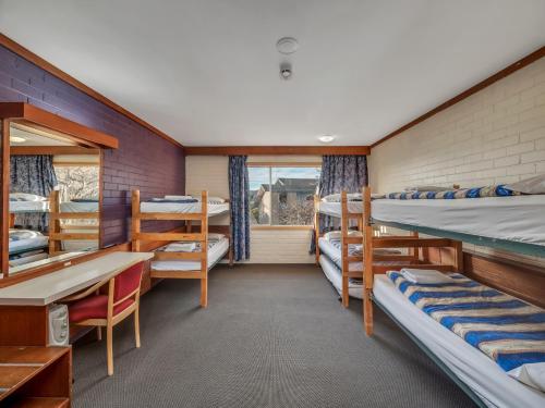 a dorm room with several bunk beds and a window at Snowy Valley Jindabyne in Jindabyne