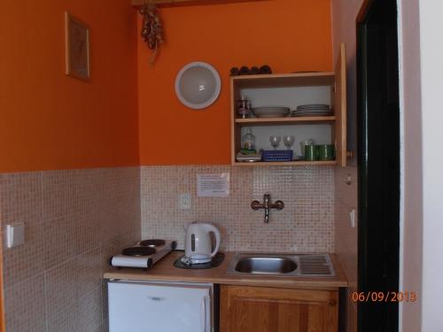 a small kitchen with orange walls and a sink at Zelený Dom in Bojnice