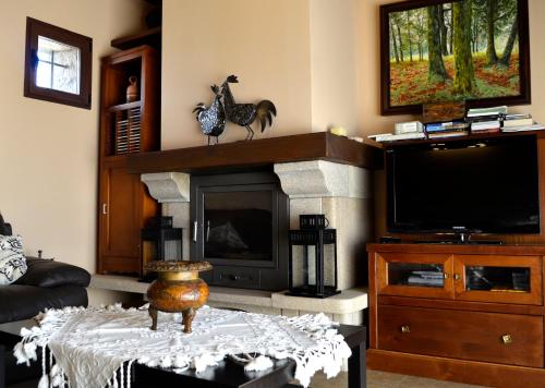 a living room with a fireplace and a tv at CASA RURAL VERSOS in San Martín del Castañar