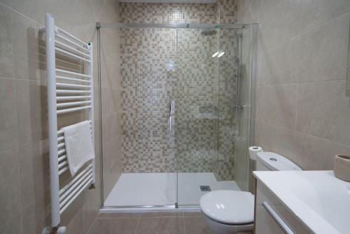 een badkamer met een douche, een toilet en een wastafel bij La Fontina de Luarca in Luarca