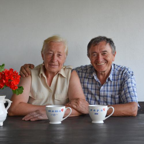 two older people sitting at a table with cups at Vinum Vidae in Lendava