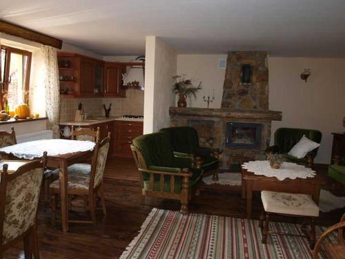 een woonkamer met een tafel en een open haard bij Zielony Ruczaj in Cisna