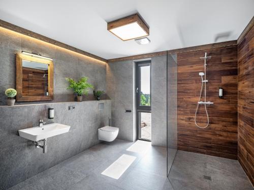 a bathroom with a sink and a toilet and a shower at Hotel Královka in Bedřichov