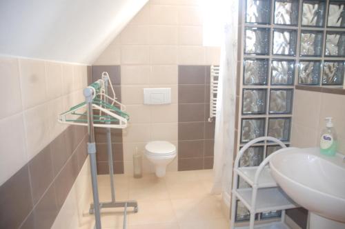 a bathroom with a toilet and a sink at Hotelik Za Murem in Kołobrzeg